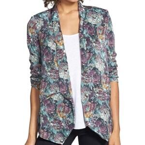ASTR The Label Drape Front Blazer Longline Gem Toned Floral Green Purple Xsmall